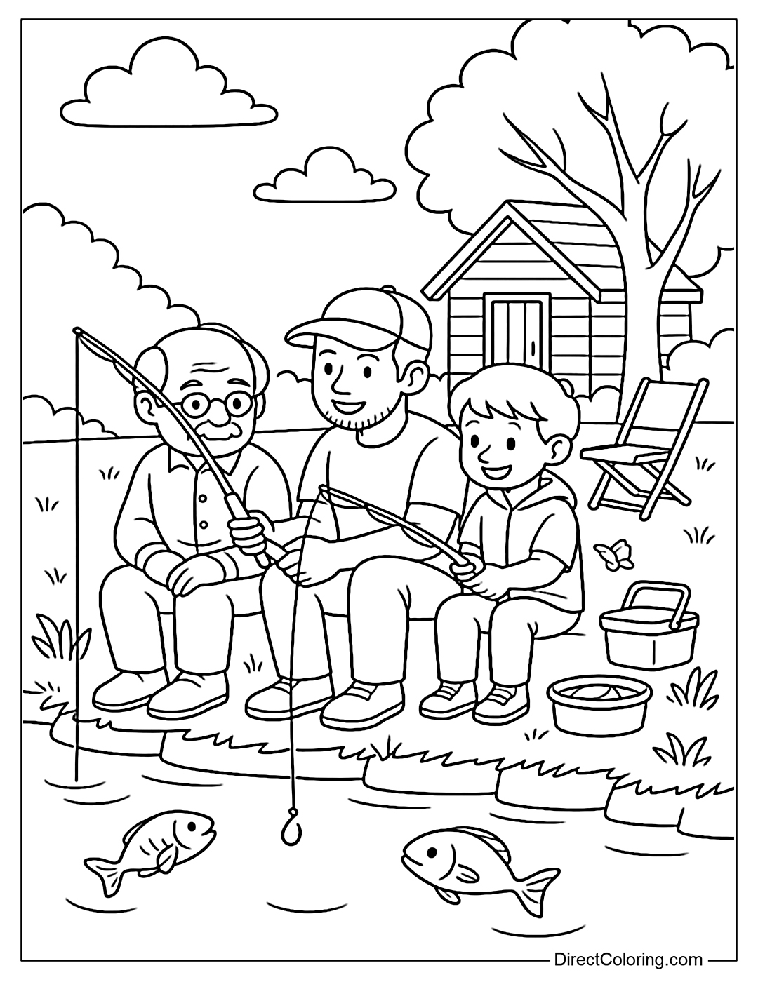 A fishing coloring page next to a small wooden cabin by a lake, with trees and a deck chair.